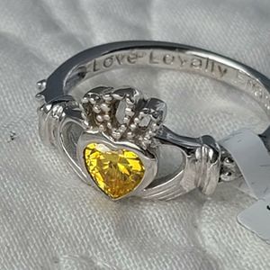 925 Silver Ring Irish Heart November Yellow Birthstone Claddagh Shan Ore